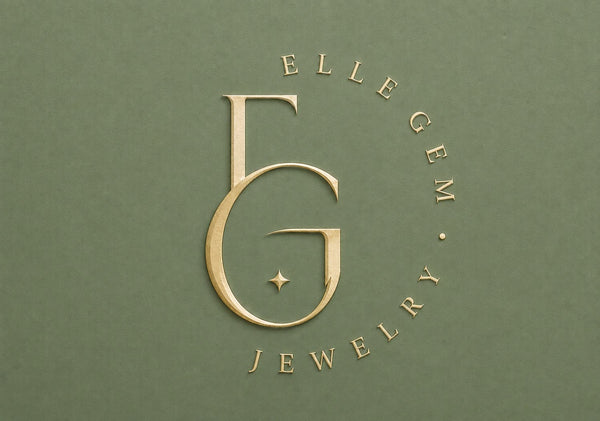 Elle GEM logo - gold interlocking EG monogram on sage green background